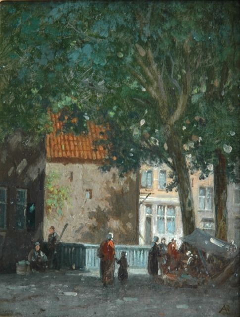 Eversen A.  | A market stall under the trees, oil on canvas laid down on panel 20.3 x 15.8 cm, signed l.r. with monogram