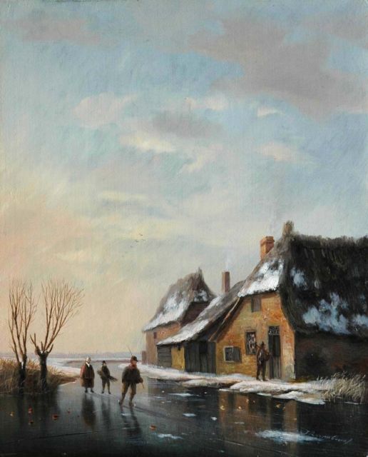 Roosenboom N.J.  | Skaters on a frozen waterway, oil on panel 23.6 x 19.2 cm, signed l.r. and painted circa 1830