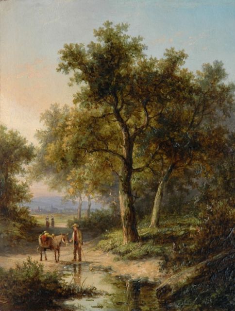 Morel II J.E.  | Traveller with his pack mule on a forest path, oil on panel 18.1 x 13.7 cm, signed l.l.