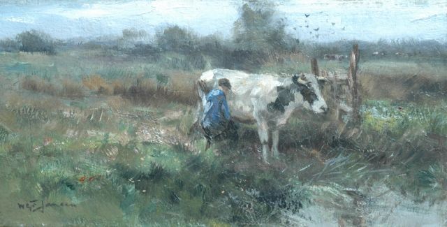 Jansen W.G.F.  | A farmer milking a cow, oil on canvas 20.5 x 40.2 cm, signed l.l.