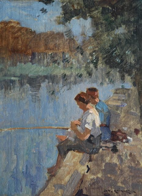 Knikker sr. J.S.  | Two anglers, oil on canvas laid down on panel 24.3 x 18.2 cm, signed l.r.