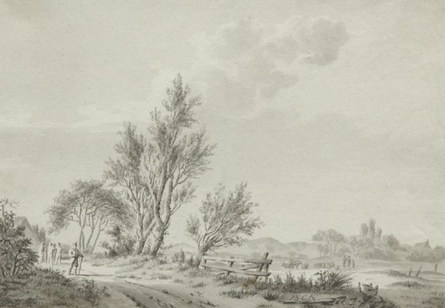 Koekkoek B.C.  | Summer landscape with travellers, pen and washed ink on paper 14.0 x 19.9 cm, signed c.r.