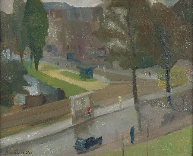 Westendorp-Osieck J.E.  | The Valeriusplein in Amsterdam (as seen from the painter's studio), oil on board 40.4 x 50.5 cm, signed l.l.