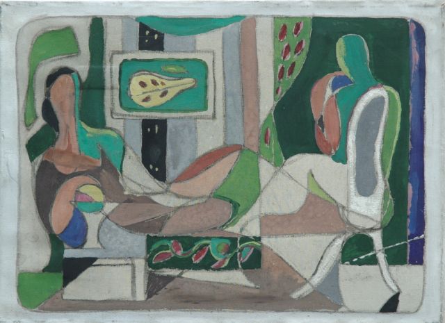 Jeroen Voskuyl | Interior with two figures, gouache on canvas, 34.2 x 47.2 cm, signed on the reverse and dated 1942 on the reverse