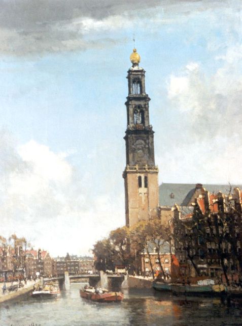 Vlist L. van der | A view of the Prinsengracht, with the Westerkerk beyond, Amsterdam, oil on canvas 65.2 x 50.8 cm, signed l.l.