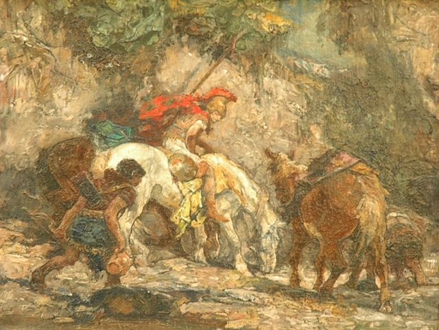 Jurres J.H.  | Warriors on horseback, oil on canvas 22.5 x 27.6 cm, signed right of the centre