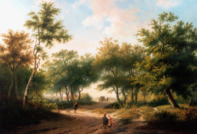 Koekkoek P.H.  | Figures on a forest path, oil on panel 34.7 x 48.7 cm, signed l.l.