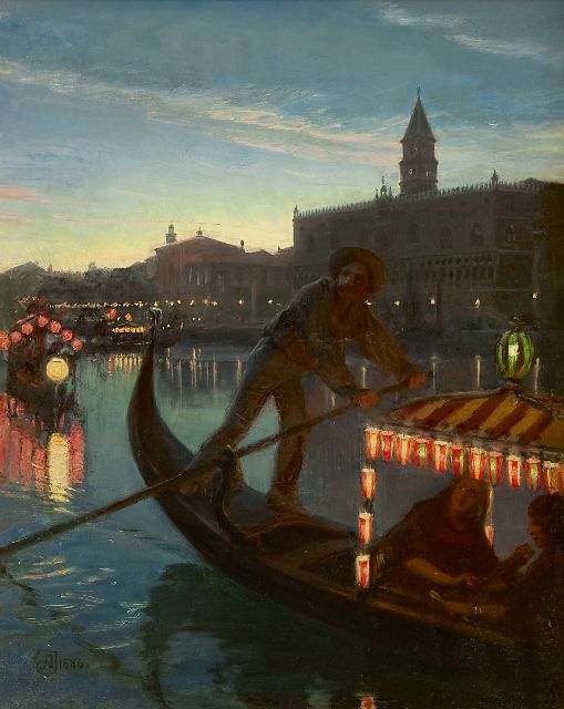 August Andreas Jerndorff | A gondola in front of the Doge's Palace in Venice, at night, oil on canvas, 41.0 x 33.0 cm, signed l.l. with monogram and dated 1886