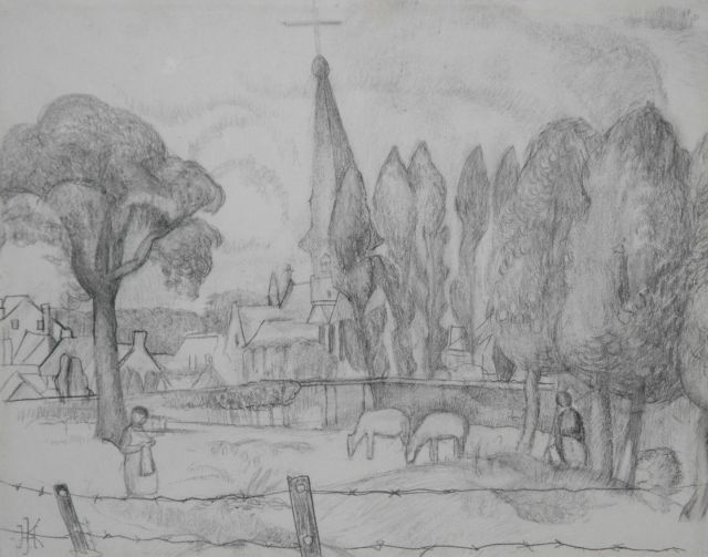 Herman Kruyder | A Limburg landscape with a church tower, pencil on paper, 26.0 x 32.8 cm, signed l.l. with monogram and painted in 1923-1927