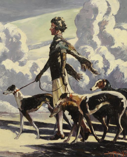 Phillips J.  | Strolling with the dogs, oil on canvas 50.1 x 40.2 cm, signed l.r. and dated 1939