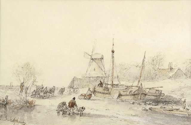 Schelfhout A.  | A winter landscape with skaters on the ice, black chalk, washed ink and sepia on paper 16.7 x 24.8 cm, signed l.l. A.Sc[helfhout]