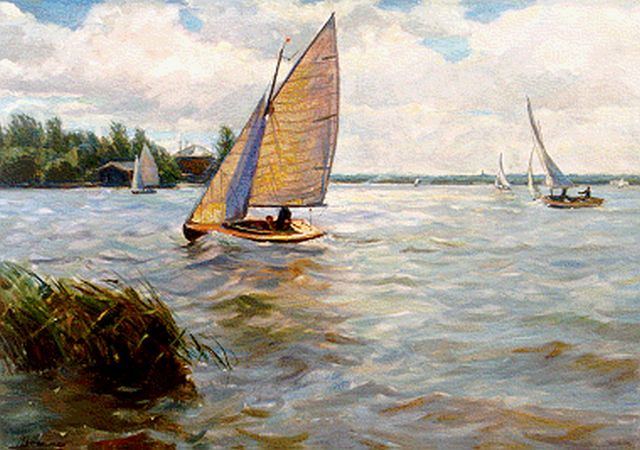 Boxel P.J. van | Sailing boats on the Kaag, oil on canvas 70.5 x 100.5 cm, signed l.l. and painted in the 50's