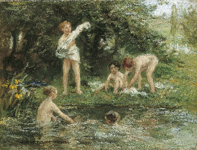 Zoetelief Tromp J.  | Swimming in the creek, oil on canvas 30.5 x 40.5 cm, signed l.l.