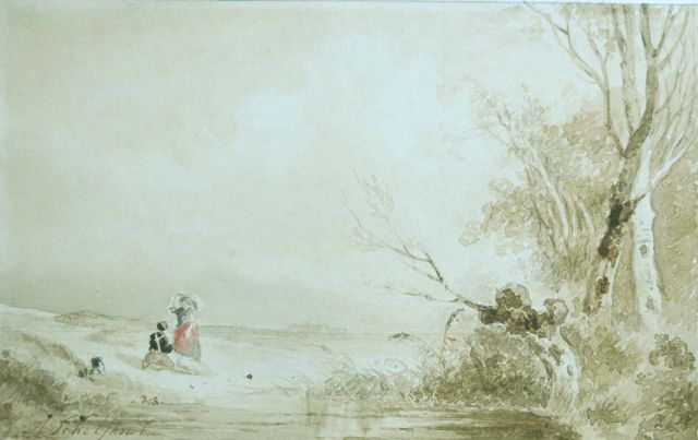 Andreas Schelfhout | Landvolk bij een ven, pencil, sepia and watercolour on paper, 14.0 x 22.2 cm, gesigneerd l.o.