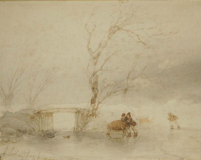 Andreas Schelfhout | A winter landscape with figures on the ice, brush in grey ink and watercolour on paper, 14.5 x 18.5 cm, signed l.l.