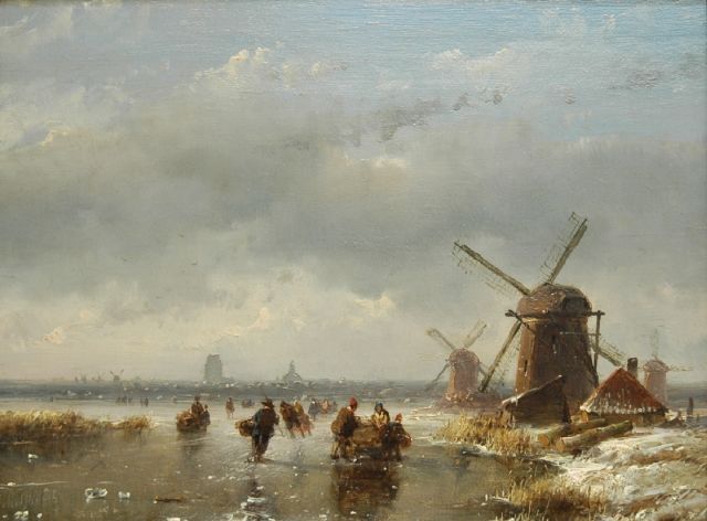 Schelfhout A.  | Skaters and a sledge on a frozen waterway, oil on panel 16.9 x 22.4 cm, signed l.l.