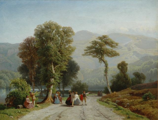 Tjarda van Starckenborgh Stachouwer J.N.  | An elegant company in a mountainous landscape, Switserland, oil on canvas 31.0 x 39.5 cm, signed l.r.