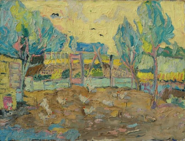 Leen Spaans | The allotment gardens next to our house, oil on canvas, 60.5 x 80.0 cm, signed on the reverse and on reverse painted '60
