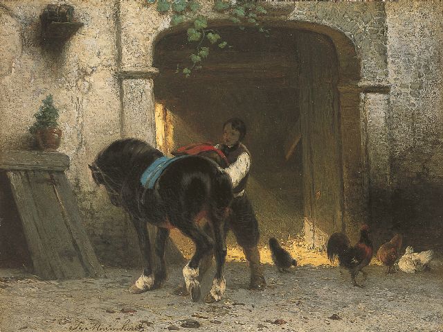 Joseph Moerenhout | Saddling the horse, oil on panel, 22.7 x 30.5 cm, signed l.l.