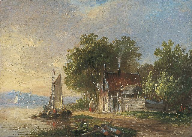 Jacobus van der Stok | Moored boat in a river landscape, oil on panel, 8.5 x 11.9 cm