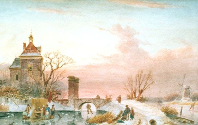 Leickert C.H.J.  | Skaters on a frozen river by a tower, watercolour on paper 30.8 x 48.8 cm, signed l.r.