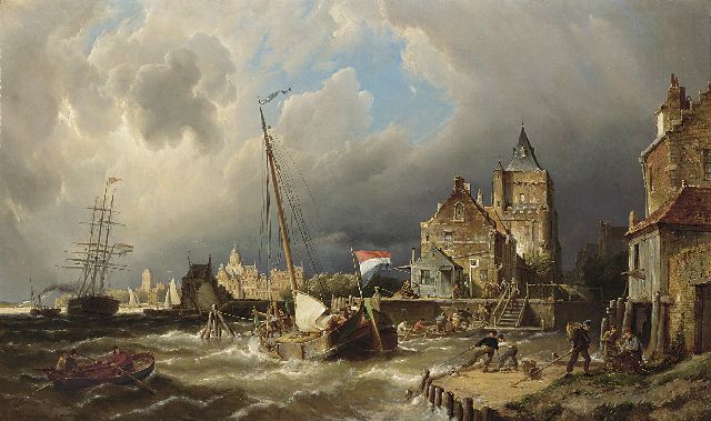 Pieter Cornelis  Dommershuijzen | The dock entrance of Dordrecht, oil on canvas, 75.3 x 127.0 cm, signed l.l. and dated 1885