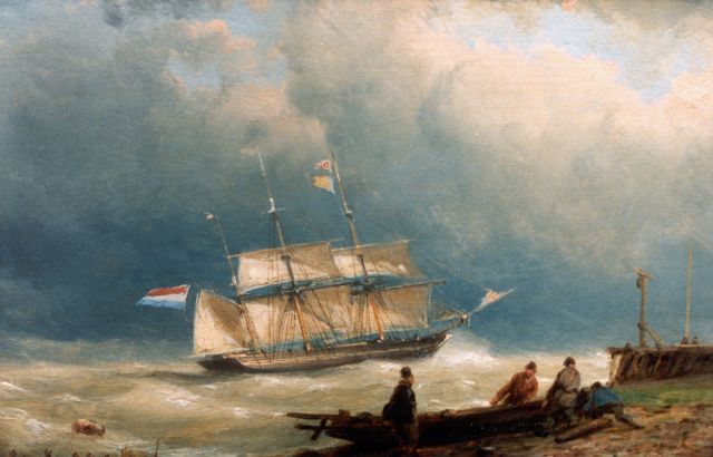 Koekkoek J.H.B.  | A sailing vessel setting out, oil on panel 12.0 x 18.3 cm, signed l.l.