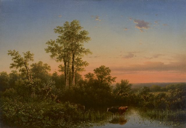 Sörensen J.L.  | Drinking cattle at sunset, oil on canvas 69.1 x 99.8 cm, signed l.l. and painted 1855
