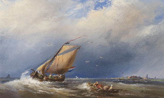 Prooijen A.J. van | Shipping in choppy waters, oil on panel 29.5 x 47.5 cm, signed l.r.