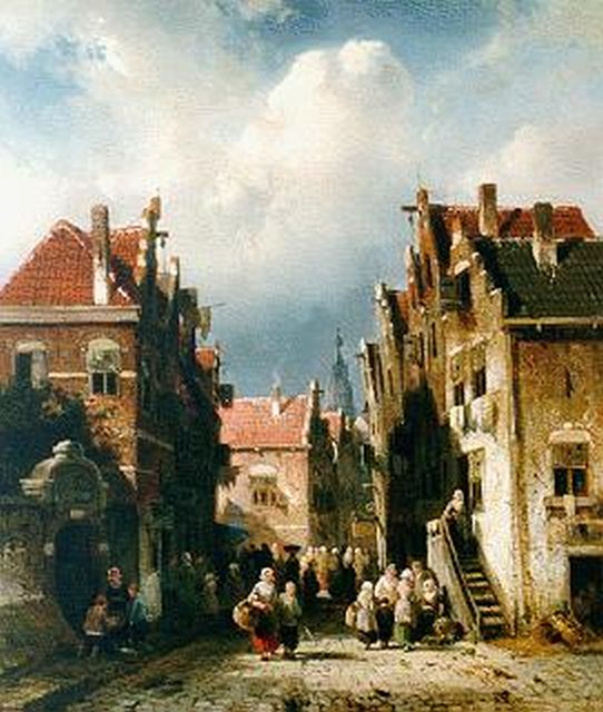 Charles Leickert | Daily activities in a Dutch town, oil on panel, 31.6 x 27.5 cm, signed l.l. and painted circa 1855