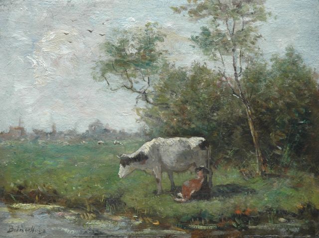 Hoog J.B. de | Cow and calf in a meadow, oil on canvas 25.8 x 34.4 cm, signed l.l.