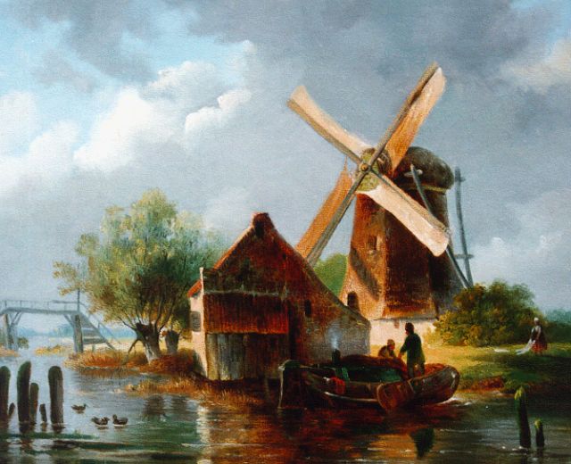 Leickert C.H.J.  | A summer landscape with windmill, oil on canvas 21.2 x 26.5 cm