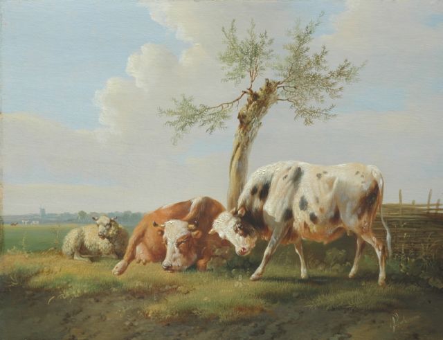 Verhoesen A.  | A bull, a cow and a sheep in a summer landscape, oil on panel 24.5 x 31.9 cm, signed l.r.