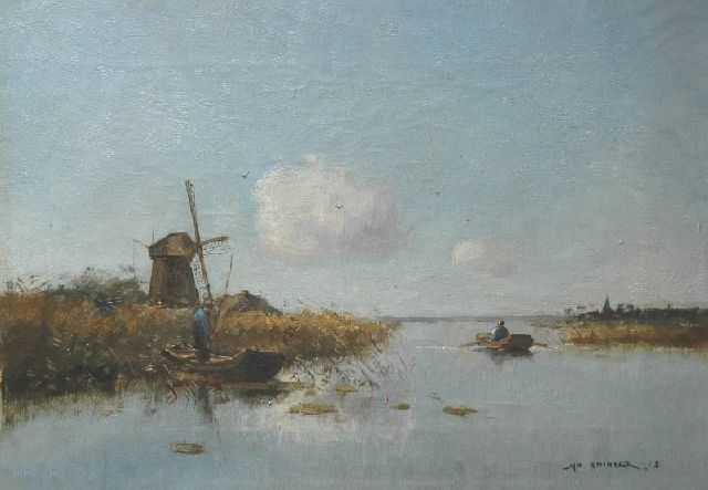 Jan Knikker sr. | Anglers and boats on a polder pond, oil on canvas, 30.2 x 43.5 cm, signed l.r.