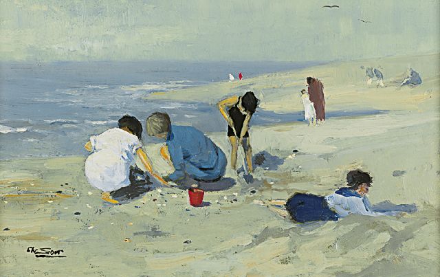 Chris Soer | Children playing at the beach, oil on canvas laid down on panel, 18.6 x 28.4 cm, signed l.l.