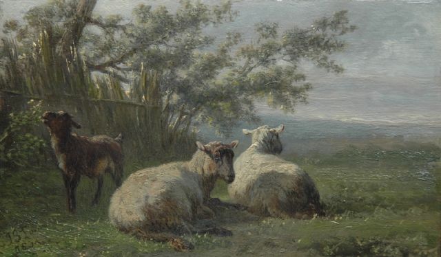 Tom J.B.  | Sheep and a goat in a meadow, oil on panel 10.4 x 17.4 cm, signed l.l. and painted '75