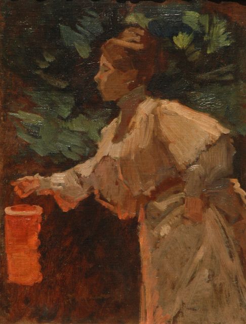 Maarel M. van der | Woman with a Chinese lantern, oil on canvas laid down on panel 40.5 x 31.3 cm, signed l.l.