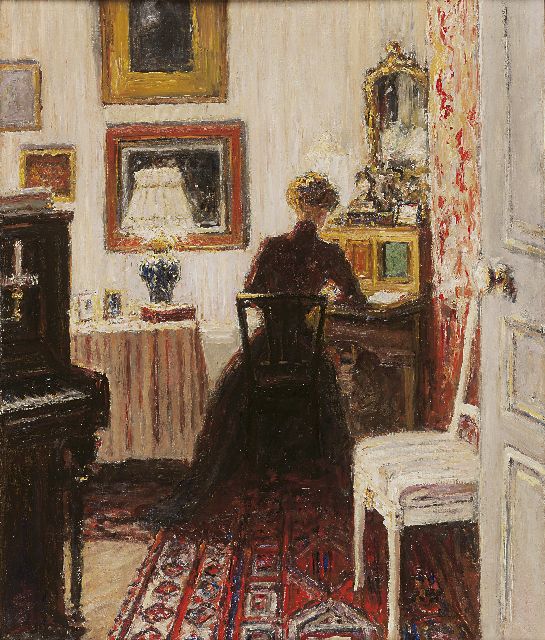 Carel Nicolaas Storm van 's-Gravesande | Interior with Lily Clifford, Paris, oil on painter's board, 54.9 x 45.9 cm, signed l.l. with monogram and dated Nov. 5th 1907 on the reverse