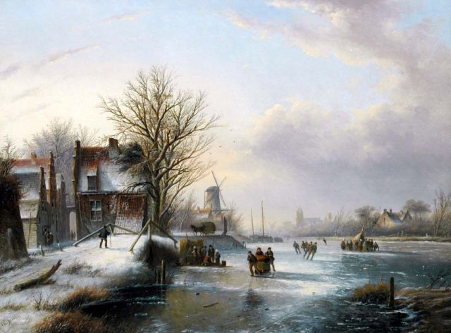 Spohler J.J.C.  | Skaters on a frozen waterway, oil on canvas 57.9 x 77.3 cm, signed l.l.