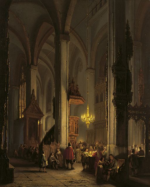 Haanen G.G.  | Evening Service in a Gothic Church, oil on panel 74.9 x 60.2 cm, signed l.l.