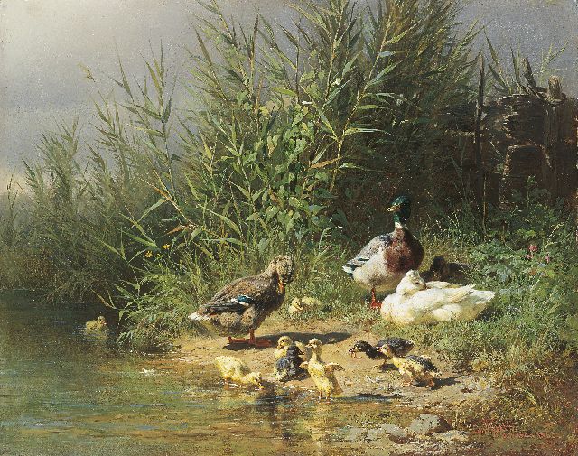 Jutz C.  | Family of ducks on a river bank, oil on painter's board 22.8 x 29.0 cm, signed l.r. and dated 'München 1863'