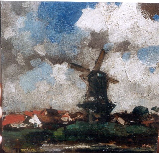 Leeuwen H. van | Landscape with windmill, oil on panel 14.2 x 14.0 cm, signed l.r. with initials