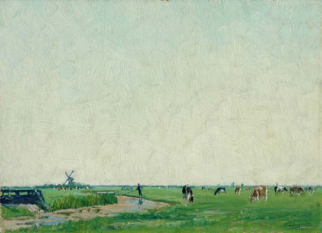 Frans van Tongerloo | A polder landscape with cattle, oil on panel, 25.1 x 35.2 cm, signed l.r. and painted 1915