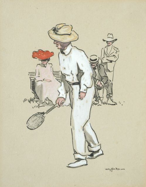 Sluiter J.W.  | The tennis player, ink, chalk and watercolour on paper 27.0 x 21.0 cm, signed l.r.