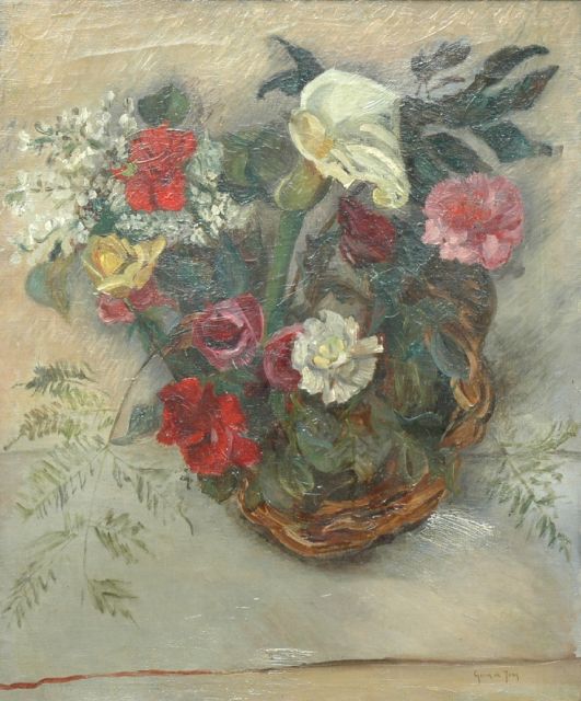 Jong G. de | A basket with flowers, oil on canvas 61.3 x 51.8 cm, signed l.r.