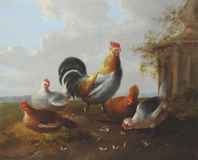 Albertus Verhoesen | A rooster and chickens, oil on panel, 22.4 x 27.8 cm, signed l.c.