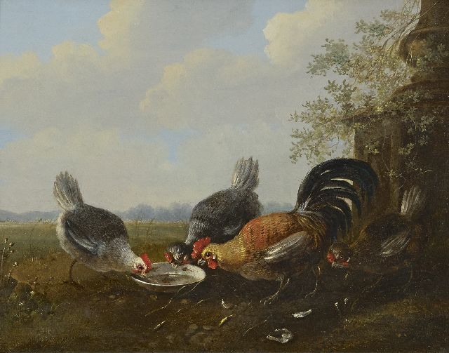 Verhoesen A.  | Four chickens near a waterbowl, oil on panel 22.4 x 27.8 cm