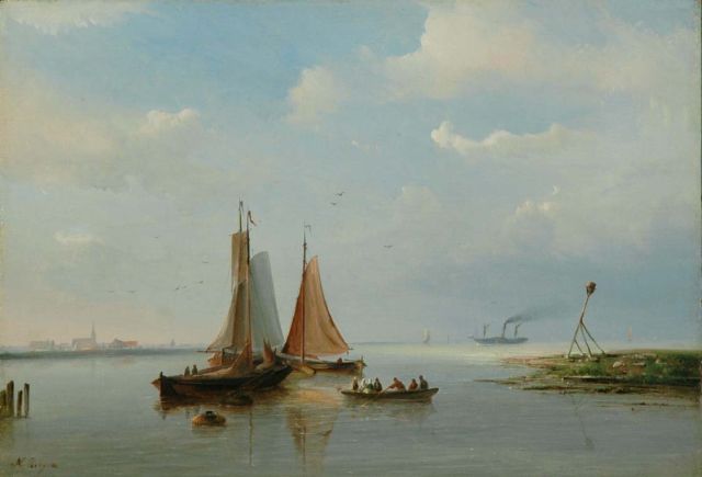 Nicolaas Riegen | Three fishing boats at anchor by the harbour entrance, oil on panel, 29.2 x 42.2 cm, signed l.l.