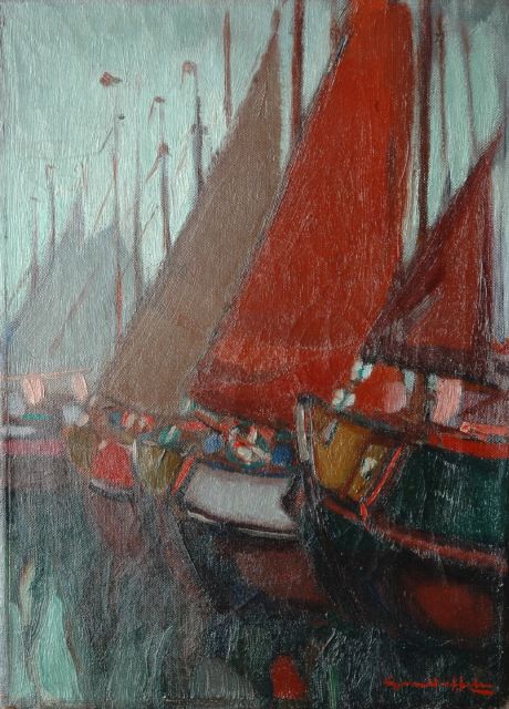 Gerrit van Duffelen | Moored fishing boats in an IJsselmeer harbour, oil on canvas, 40.2 x 29.3 cm, signed l.r.