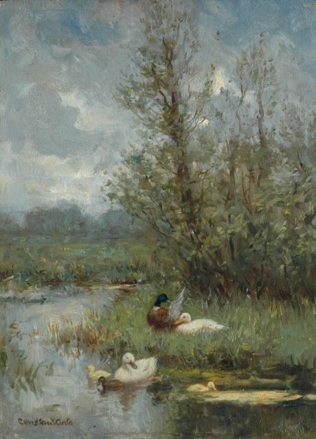 Constant Artz | Ducks in a polder landscape, oil on panel, 24.0 x 17.8 cm, signed l.l.